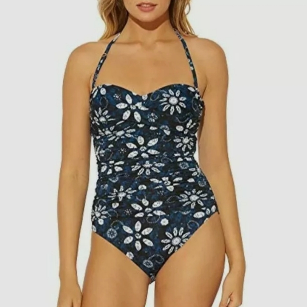 Bleu Rod Beattie Shirred Bandeau Floral Swimsuit